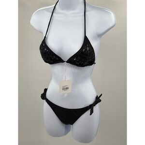 Envya‎ Womens Black Sequin Triangle Bikini Set Halter Tie Two Piece XS S0670A